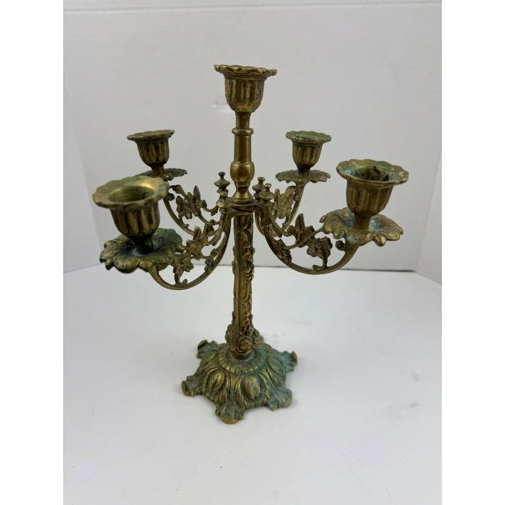 Vintage Ornate Brass 5 Arm Candelabra Ornate Floral Scrollwork Verdigris Patina